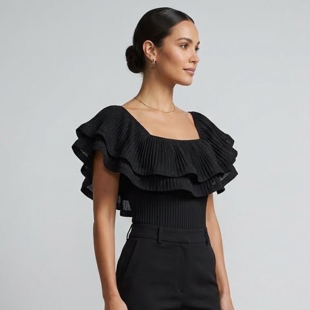 Lulumari Blackā Shimmer Lurex Pleated Ruffle Bodice Bodysuit Sz L Dark Academia